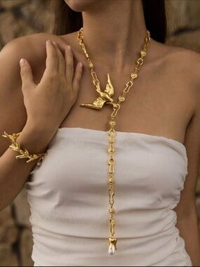 Schiaparelli Inspired Gold Bird Pendant Lariat Necklace!